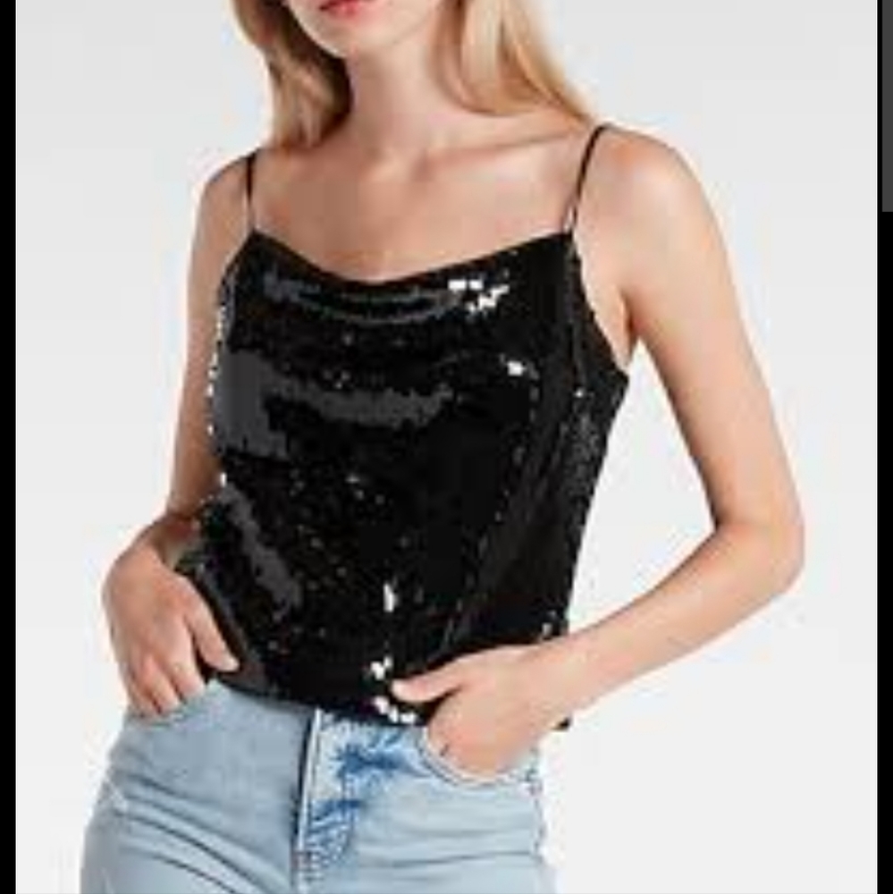 NWT Express Sequin Cowl Neck Camisole Black Adjustable Straps Sz S